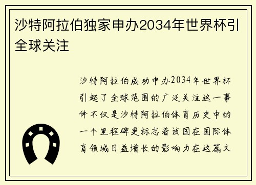 沙特阿拉伯独家申办2034年世界杯引全球关注